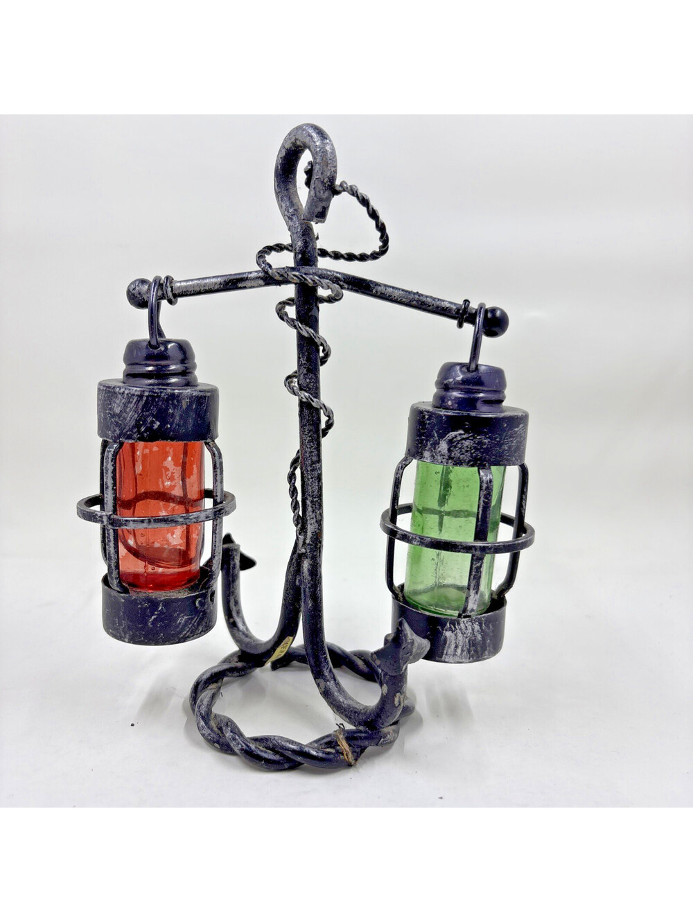 Vintage Iron and Glass Hanging Lanterns on Boat Anchor Salt Pepper Shaker Set